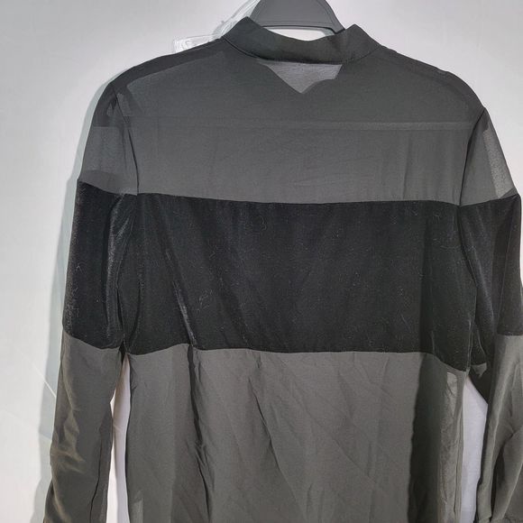 Black-Gray Contrast Mesh Button Front Long Sleeve Casual Shirt For Women Medium - Picture 3 of 8